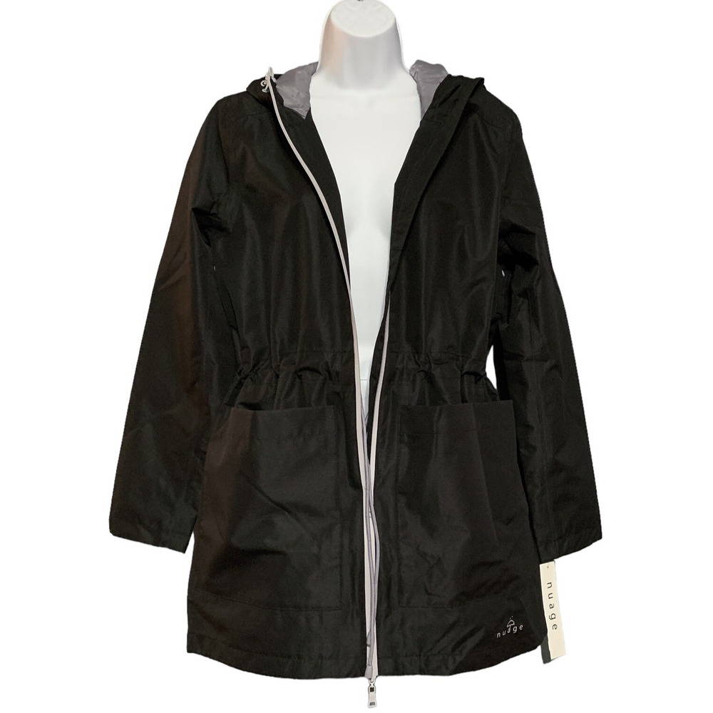 NuAge Women's Black Zip Front Coat Sz Small Hooded Waterproof Jacket Pockets NWT